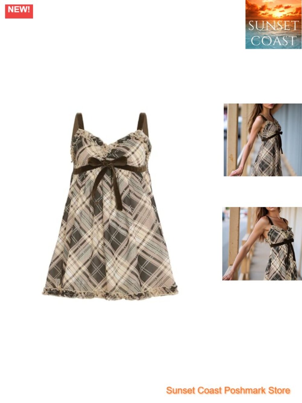 100% Polyester Bow Plaid Sleeveless V-Neck Mini Dress